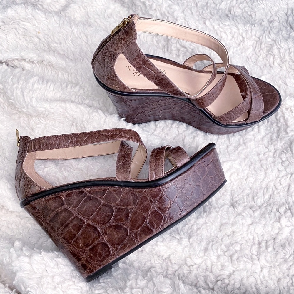 Talbots Brown Croc Embossed Leather Platform Wedge Sandals Size 7